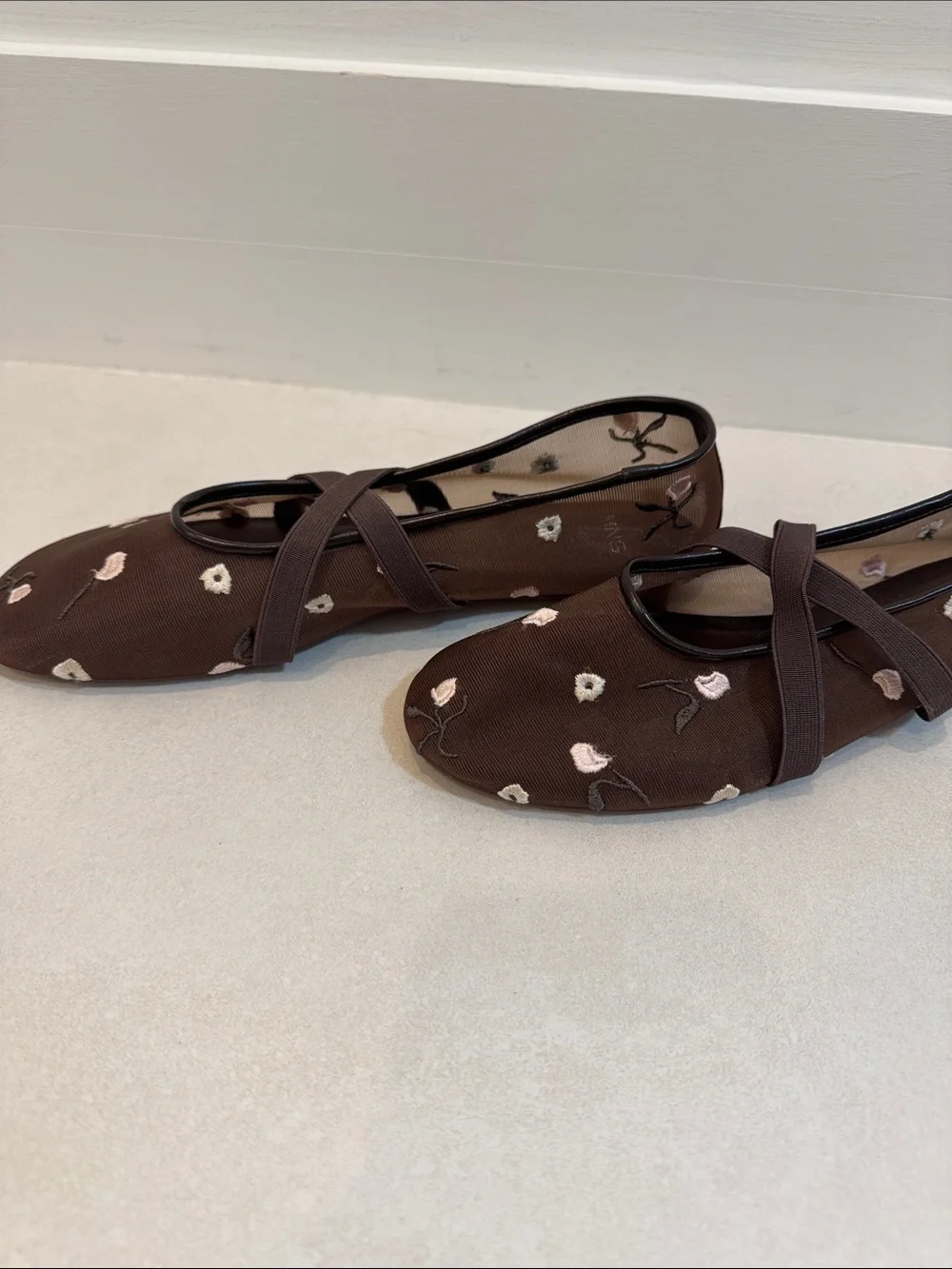 Mango Mesh Floral Embroidered Mary Jane Flats